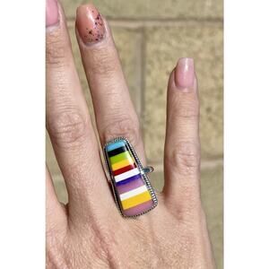 Sterling Silver Rainbow Inlay Ring Southwestern Statement Adjustable 6–8 925